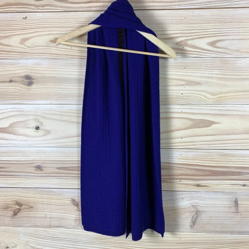 Qi Cashmere Scarf Bold Blue Woven Textured Ribbed Trim Luxury City‎ Travel 14x70 - Picture 5 of 10